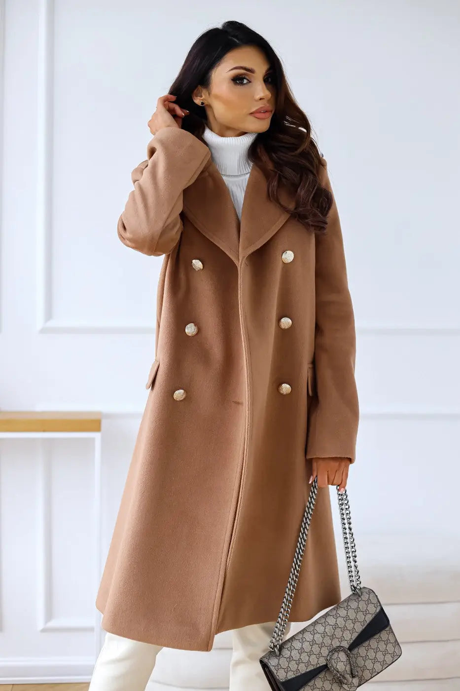 AURELIA – Manteau long en laine à double boutonnage, élégant et intemporel