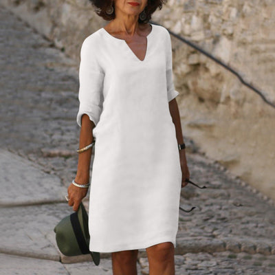 Robe d'Été Élégante Bonafita – Robe Midi en Lin avec Décolleté en V