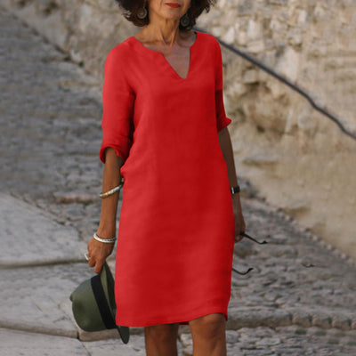 Robe d'Été Élégante Bonafita – Robe Midi en Lin avec Décolleté en V